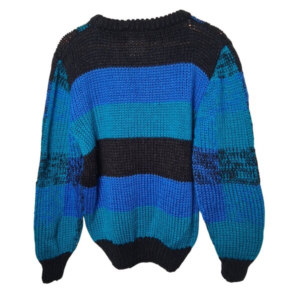 Vintage Extra Touch Hand Knit Sweater Women Size 40 Blue Black Plaid Striped - Picture 2 of 14